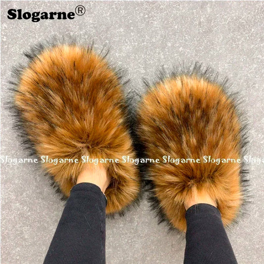 2024 Women Winter Raccoon Fur Slippers Warm Plush Slides Girls Luxury Furry Faux Fur Slippers Home Cotton Shoes Indoor Fur Slide